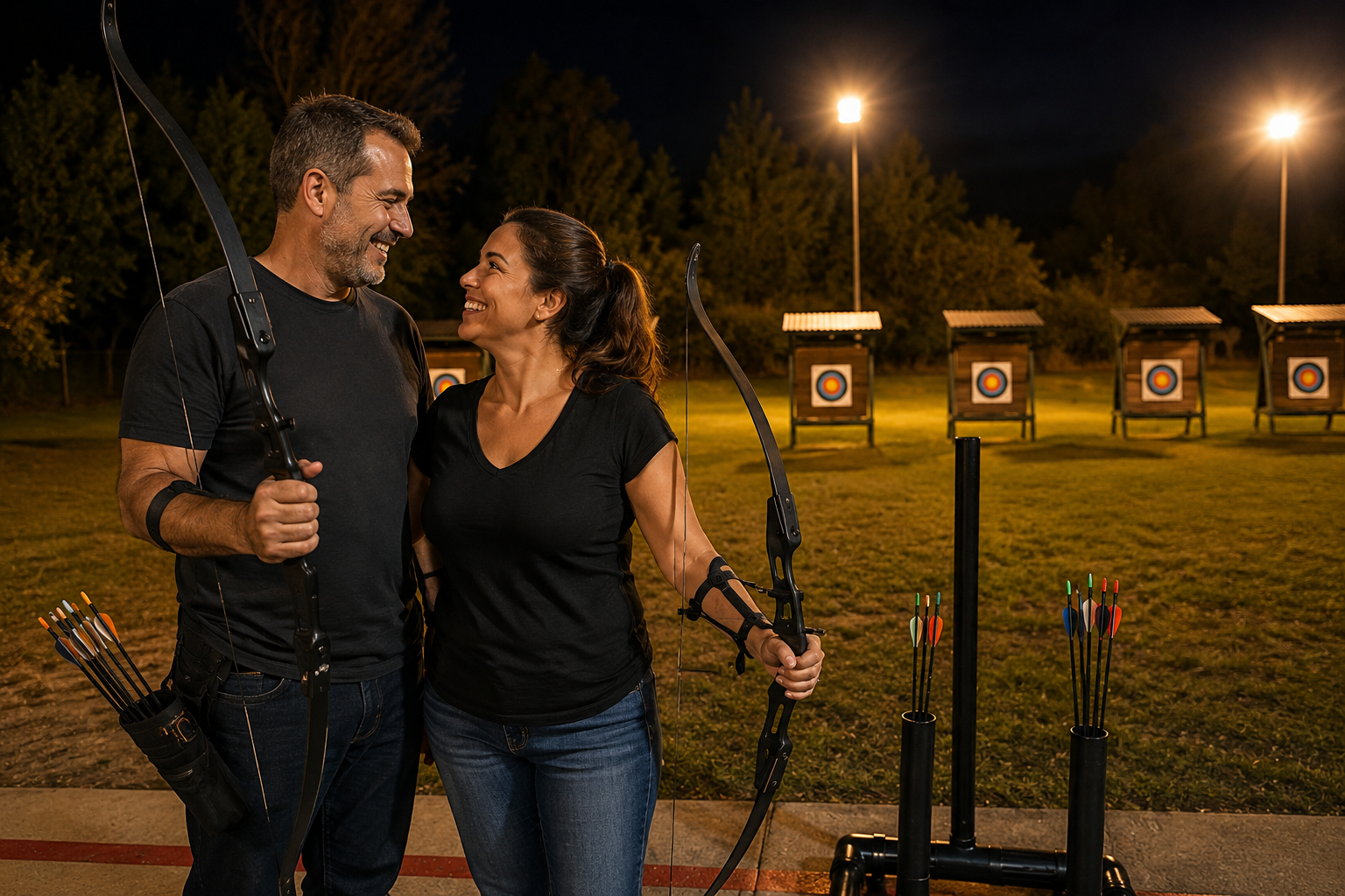 A couple shooting archery together at the night range